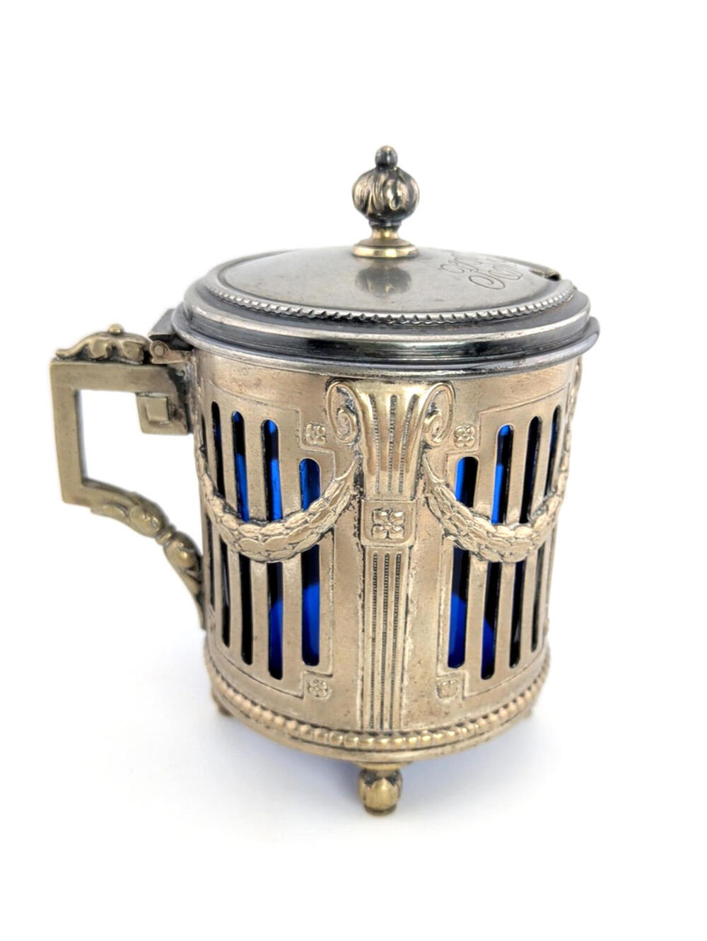Antique WMF SilverPlated Footed Reticulated Mustard Pot-Cobalt Glass Insert READ